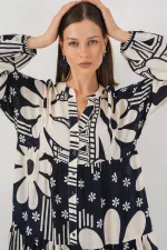 Kadın Desenli Uzun Tesettür Elbise 2585 - L. Lacivert