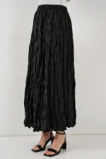 Jupe longue froissée brillante pour femme 8034 - Noire