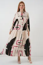 Kadın Desenli Uzun Tesettür Elbise 2585 - C.Krem