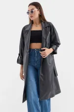 1034 Belted Faux Leather Trench Coat - Black