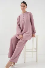 6678 Keten Tunik Pantolon İkili Takım - Gül Kurusu