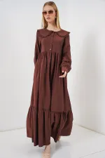 Kadın Bebe Yaka Uzun Tesettür Elbise 2592 - Kahverengi