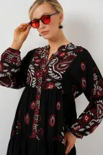 2423 Otantik Desenli Tesettür Elbise - Siyah - Bordo