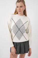 Pull oversize en maille à motif losanges - Gris clair 15895