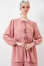 Kadın Önü Bağcıklı Tunik Pantolon İkili Takım 6744 - Pudra