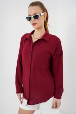 20153 Tek Cepli Oversize Keten Gömlek - Bordo 20153 Tek Cepli Oversize Keten Gömlek - Bordo