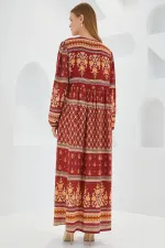 Kadın Kiremit Bej Desenli Uzun Viskon Elbise 1947