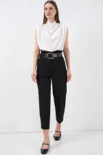6556 Kemerli Kumaş Pantolon - Siyah