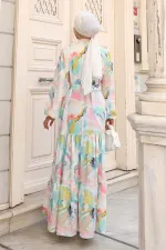 Kadın Desenli Uzun Tesettür Elbise 2586 - Turkuaz