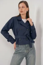 Women's Belted Short Trench Coat 5970 - Navy Blue
