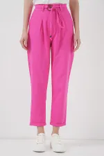 6660 Kemerli Keten Pantolon - Fuşya