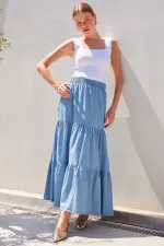 8022 Volanlı Uzun Kot Etek - Mavi