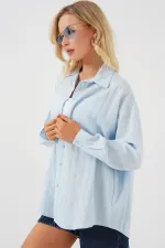 Kadın Çizgili Oversize Gömlek 20293 - Mavi