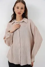 Kadın Uzun Oversize Gömlek 20320 - Bej