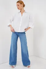 Kadın Oversize Kısa Kol Gömlek 20315 - Beyaz