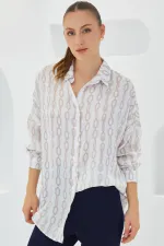 Women's Beige White Patterned Oversize Satin Shirt 3985