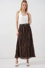Kadın Kemerli Desenli Etek 8074 - Kahverengi