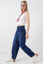 6689 Kadın Yüksek Bel Baggy Kot Pantolon - Lacivert