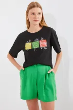 T-shirt basique imprimé en maille 913 - Noir