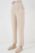 Kadın Pileli Kemerli Kumaş Pantolon 6725 - Krem