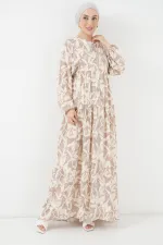 2423 Otantik Desenli Tesettür Elbise - Z.Bej