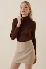 15796 Balıkçı Yaka Fitilli Kazak - Kahverengi