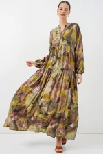 Women's Patterned Long Hijab Dress 2585 - Light Green