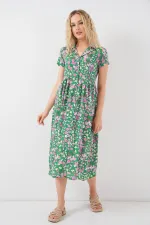 Women's Buttoned-Down Short Sleeve Floral Dress 2561 - Green
