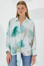 Kadın Yeşil Ekru Oversize Dökümlü Saten Gömlek 907