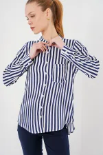 Kadın Uzun Kollu Çizgili Gömlek 20283 - Lacivert