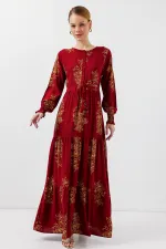 2145 Desenli Tesettür Elbise - B.Kırmızı