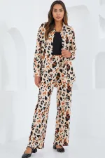 Kadın Krem Kahverengi Desenli Örme İkili Takım 5858