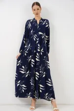 Kadın Desenli Uzun Tesettür Elbise 2585 - D.Lacivert