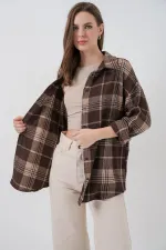 Women's Plaid Pattern Oversize Lumberjack Shirt 3854 Brown