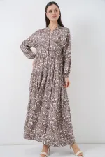 Kadın Desenli Uzun Tesettür Elbise 2585 - E. Kahve