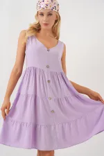 Kadın Sıfır Kol Düğmeli Kısa Elbise 2571 - Lila