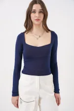 Kadın Kare Yaka Slim Fit Bluz 986 - Lacivert