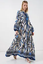 Kadın Desenli Uzun Tesettür Elbise 2585 - T. Lacivert