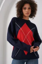 Pull oversize en maille à motif baklava 15895 - Bleu marine