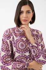 Kadın Desenli Uzun Tesettür Elbise 2585 - B.Lila