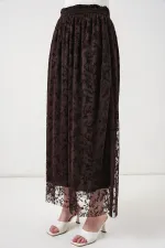 Kadın Flok Baskılı Astarlı Etek 8076 - Kahverengi