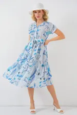 Women's Patterned Short Sleeve Dress 2558 - Blue
