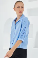 Women's Sleeve Detailed Blue Crop Shirt 20246