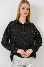 Women's Patterned Oversize Shirt 20361 - Black - Silver Women's Patterned Oversize Shirt 20361 - Black - Silver