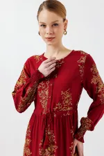 2145 Desenli Tesettür Elbise - B.Kırmızı