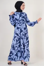 Robe hijab à motifs 2145 - Bleu marine clair