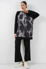 Women's Patterned Oversize Tunic and Pants Two-Piece Set 55462 - Black