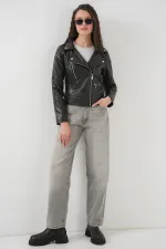 1025 Suni Deri Biker Ceket - Siyah