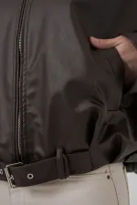 Kadın Kemer Detaylı Deri Ceket 1056 - Kahverengi