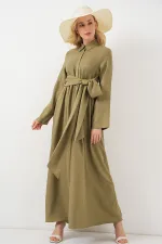 Women's Front Tie Linen Dress 2574 - Çağla